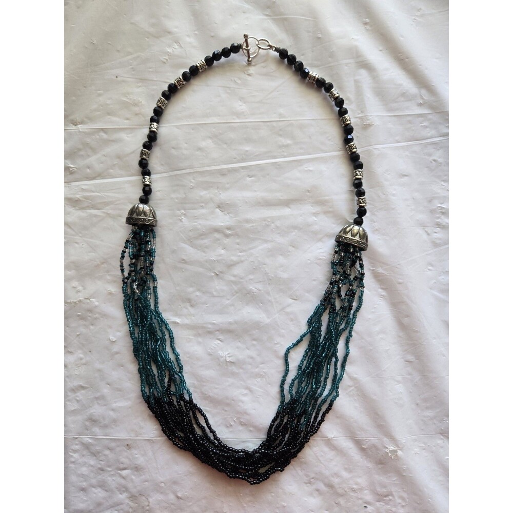 Vintage Multi-Strand Beaded Fashion Necklace, Black And Turquoise